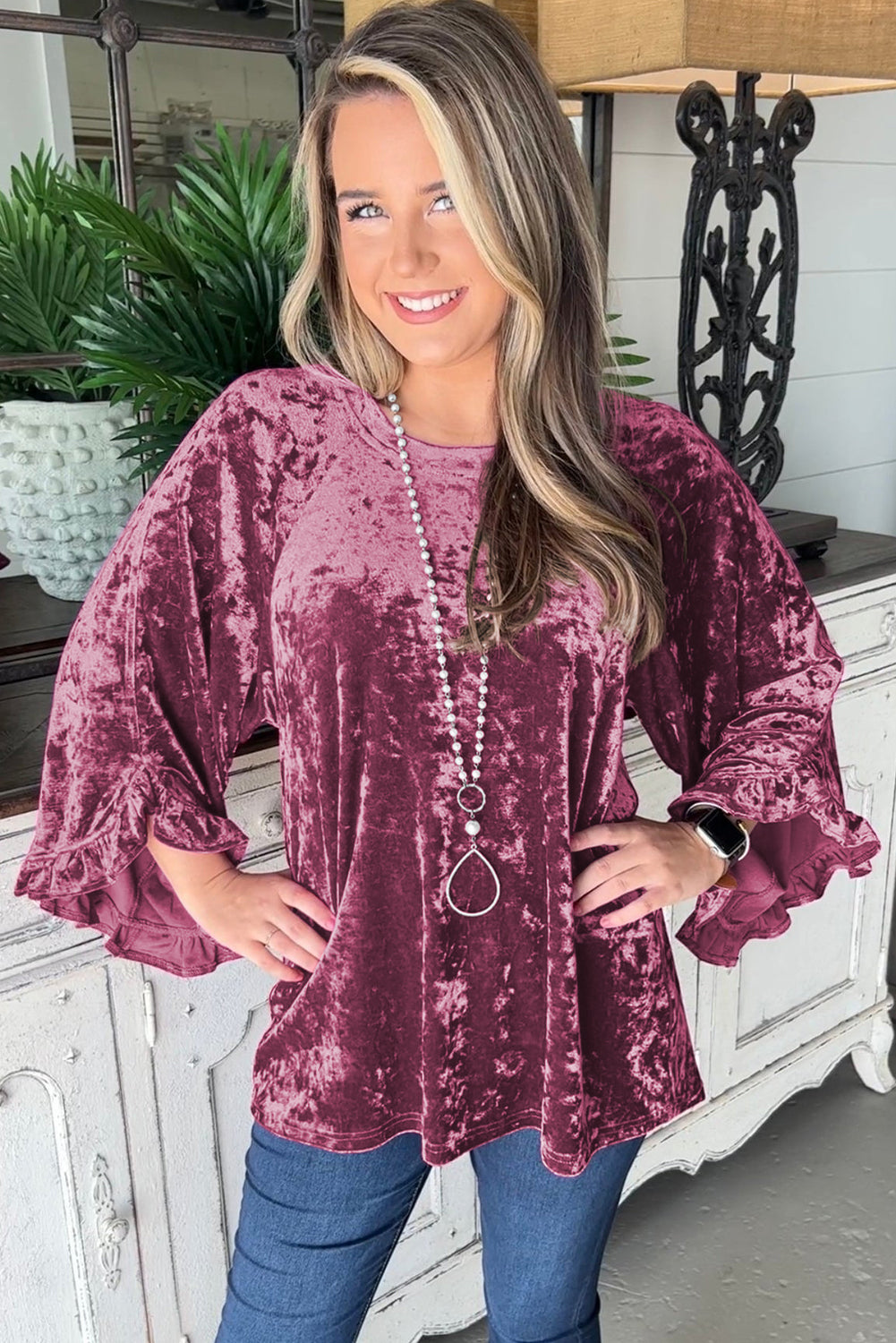 Ruffle Bell Sleeve Loose Velvet Blouse