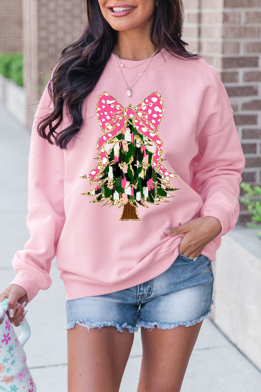 Glittering Bowknot Christmas Tree Graphic Sweatshirt