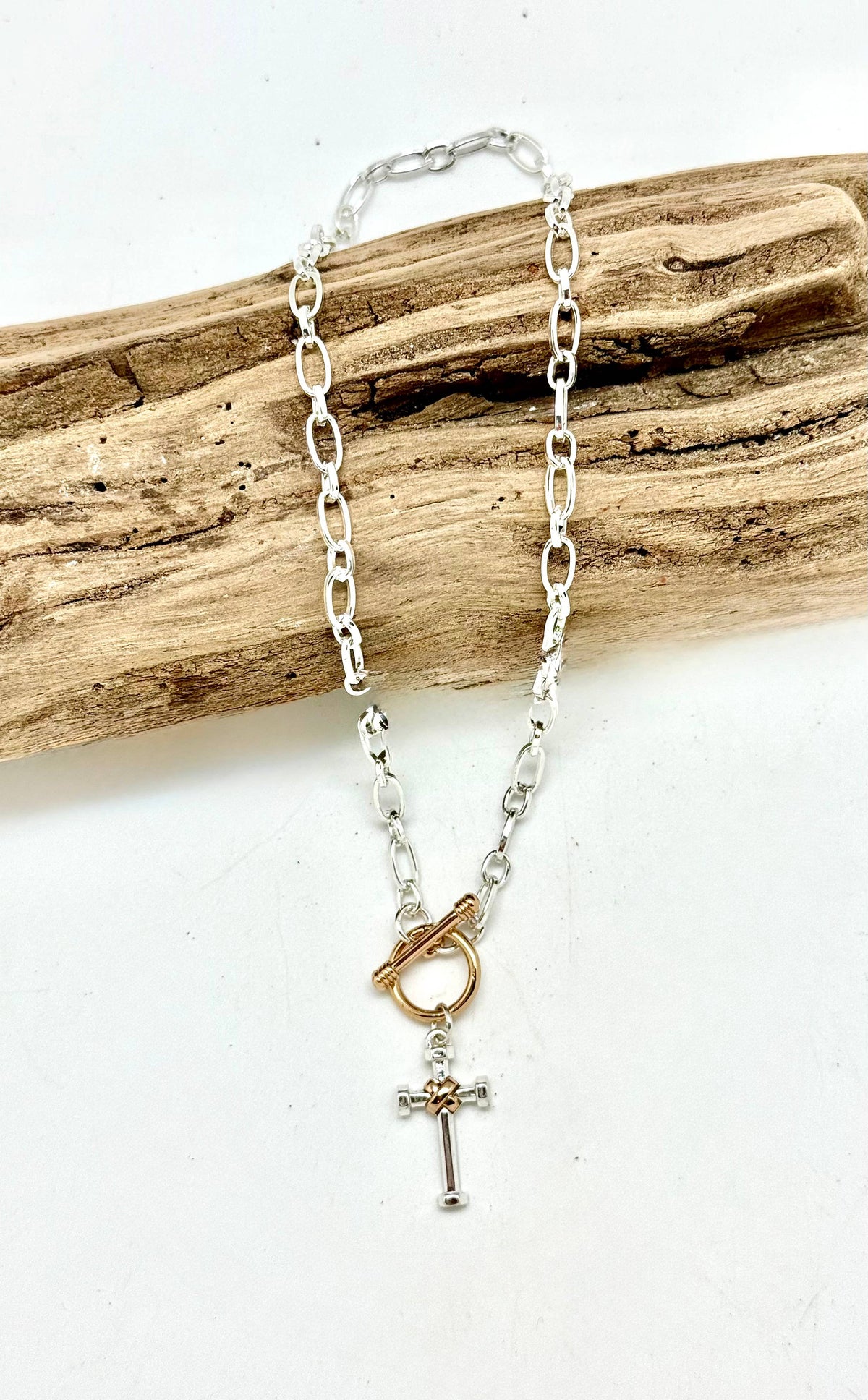 Necklace Alloy Plated Silver Chain w/Multi Metal Cross 18”