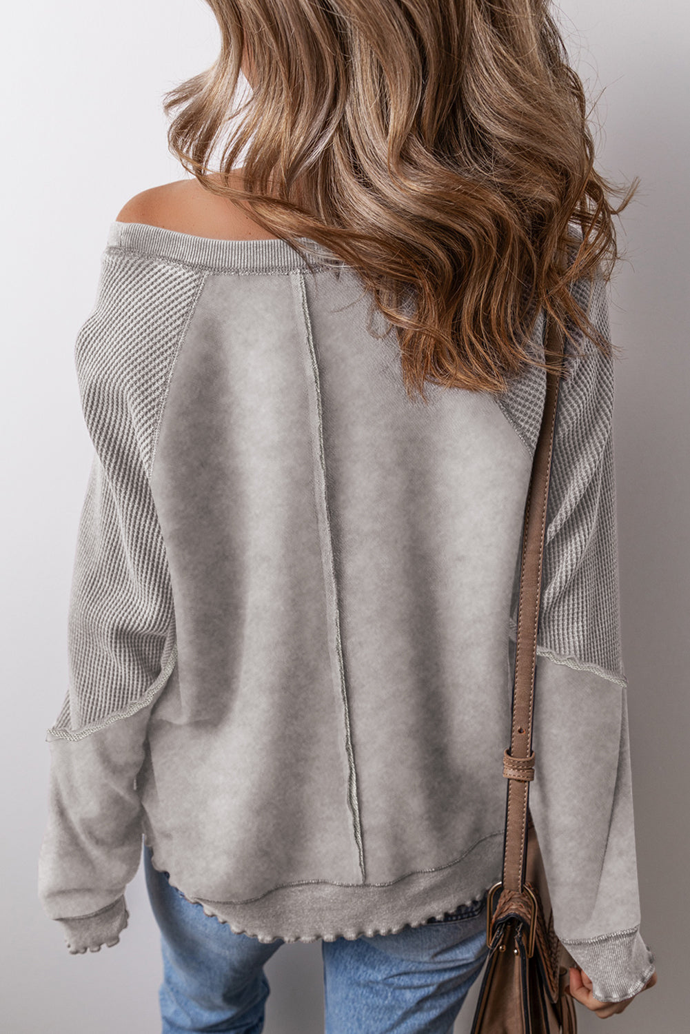 Orchid Petal Waffle Patchwork Raglan Sleeve Exposed Seam Sweatshirt