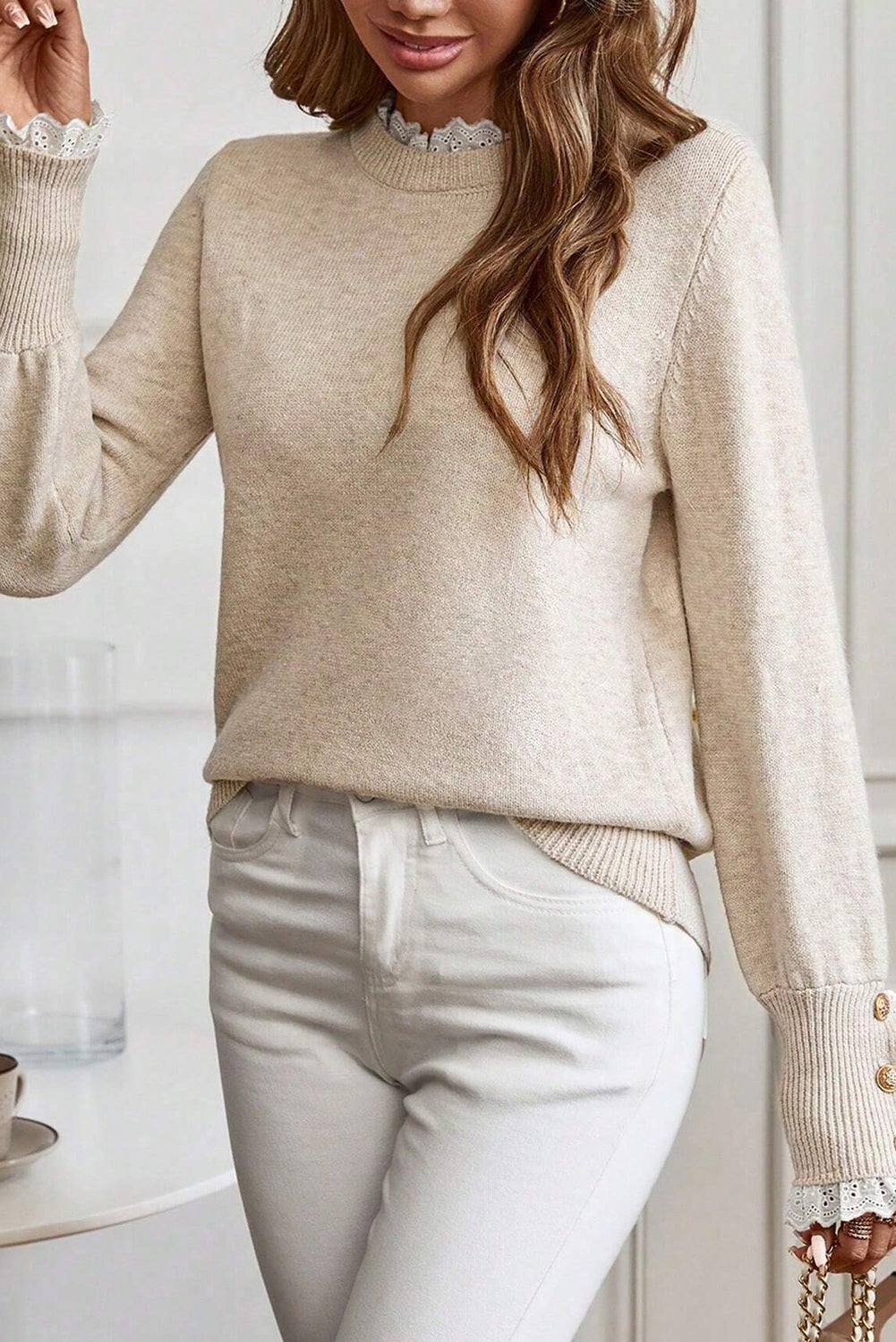 Sleet Lace Trim Patchwork Buttoned Cuffs Loose Sweater