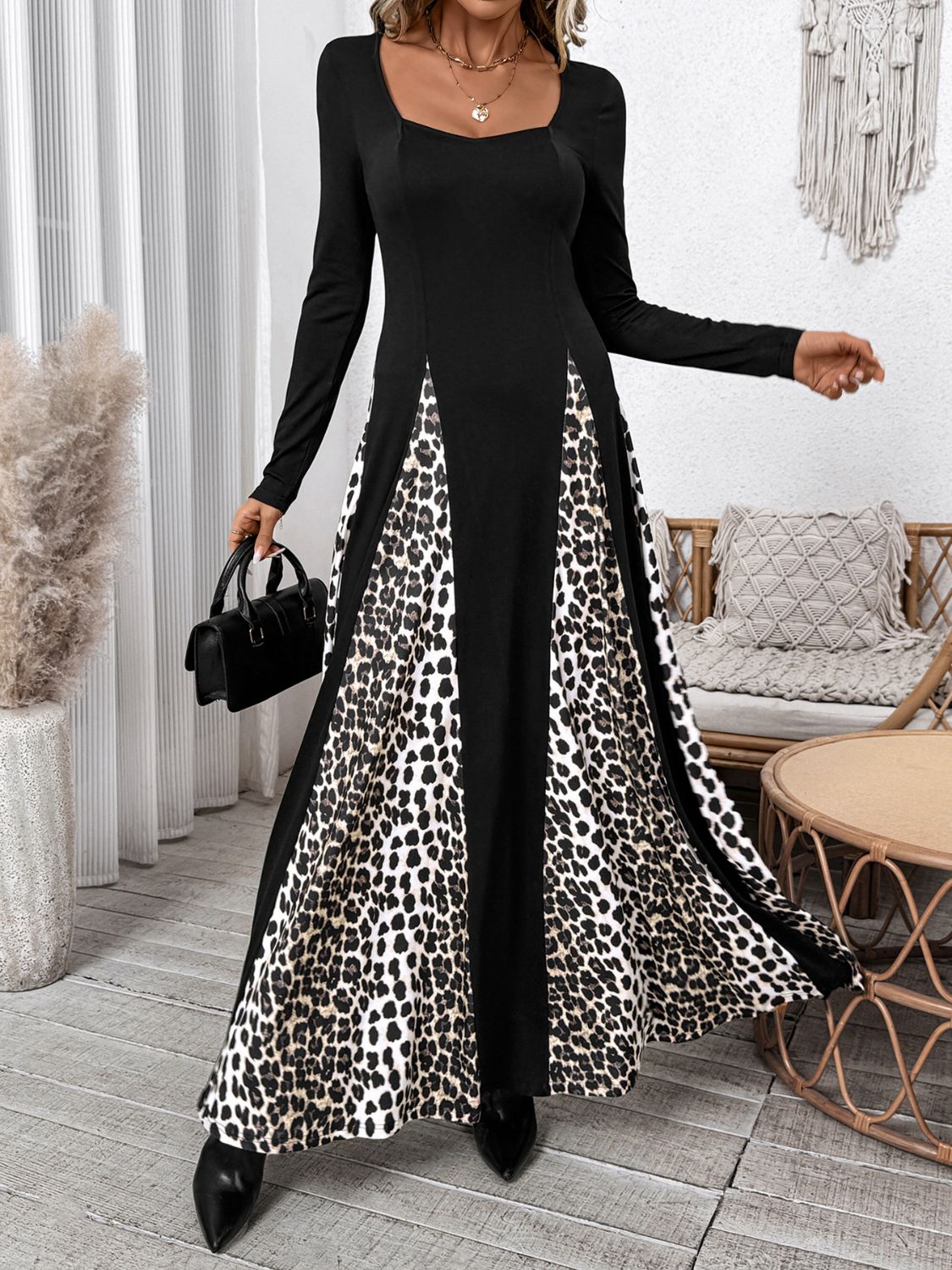 Square Neck Long Sleeve Maxi Dress