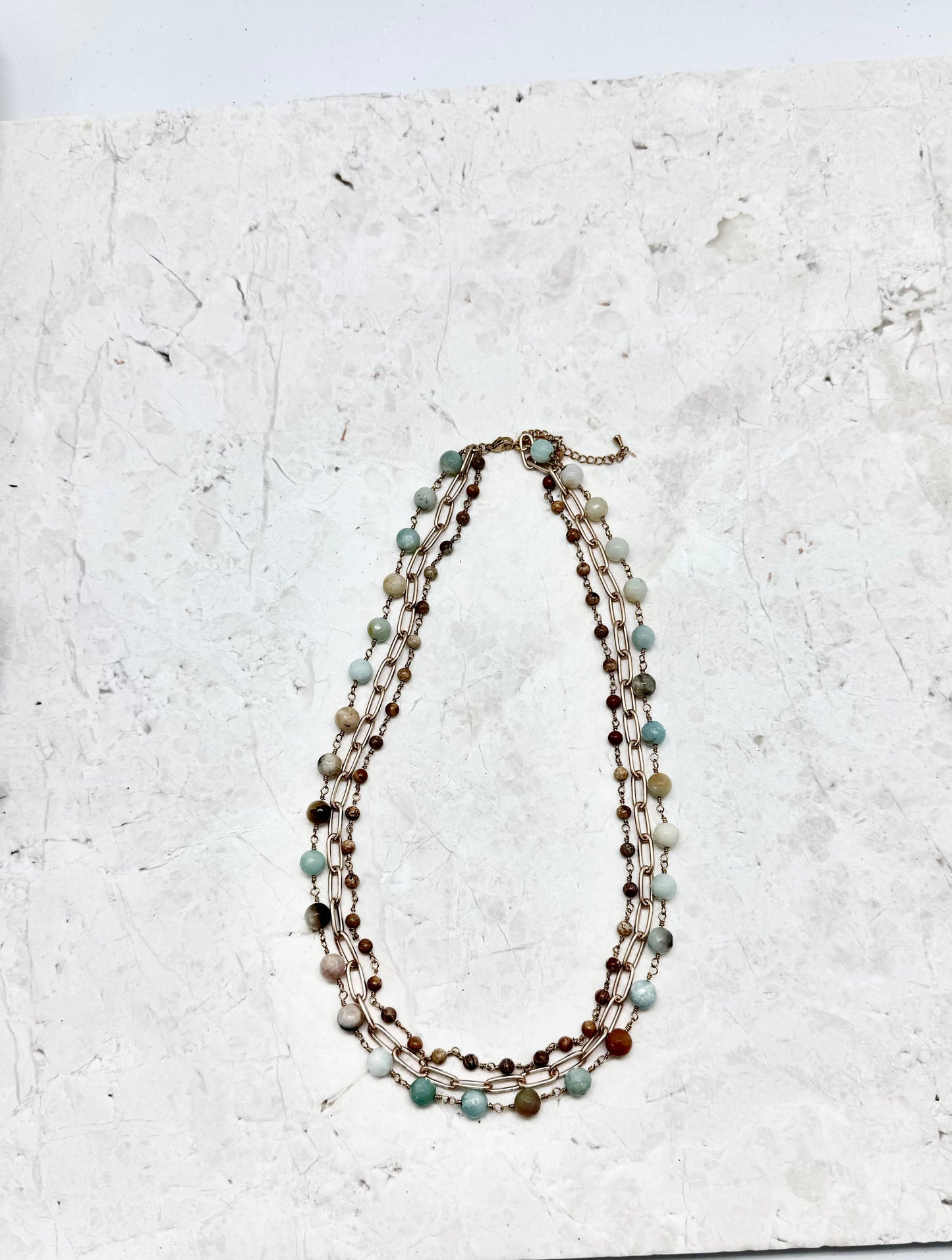 Necklace Amazonite8mm,Jasper3mm,Matte Gold PaperClip 18”w/2”