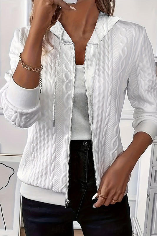 White Jacquard Zipper Hoodie
