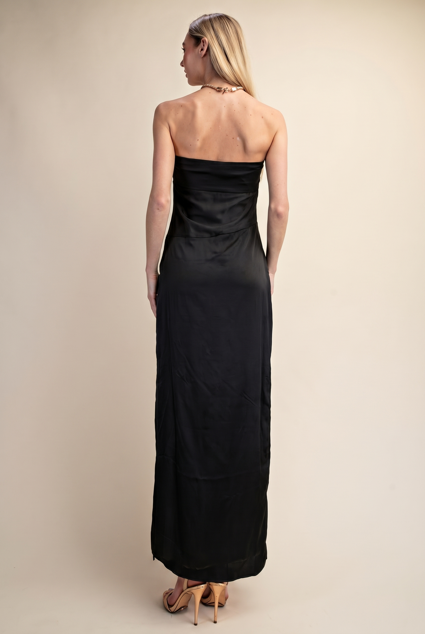Strapless Satin Wrap Maxi Dress with Side Slit