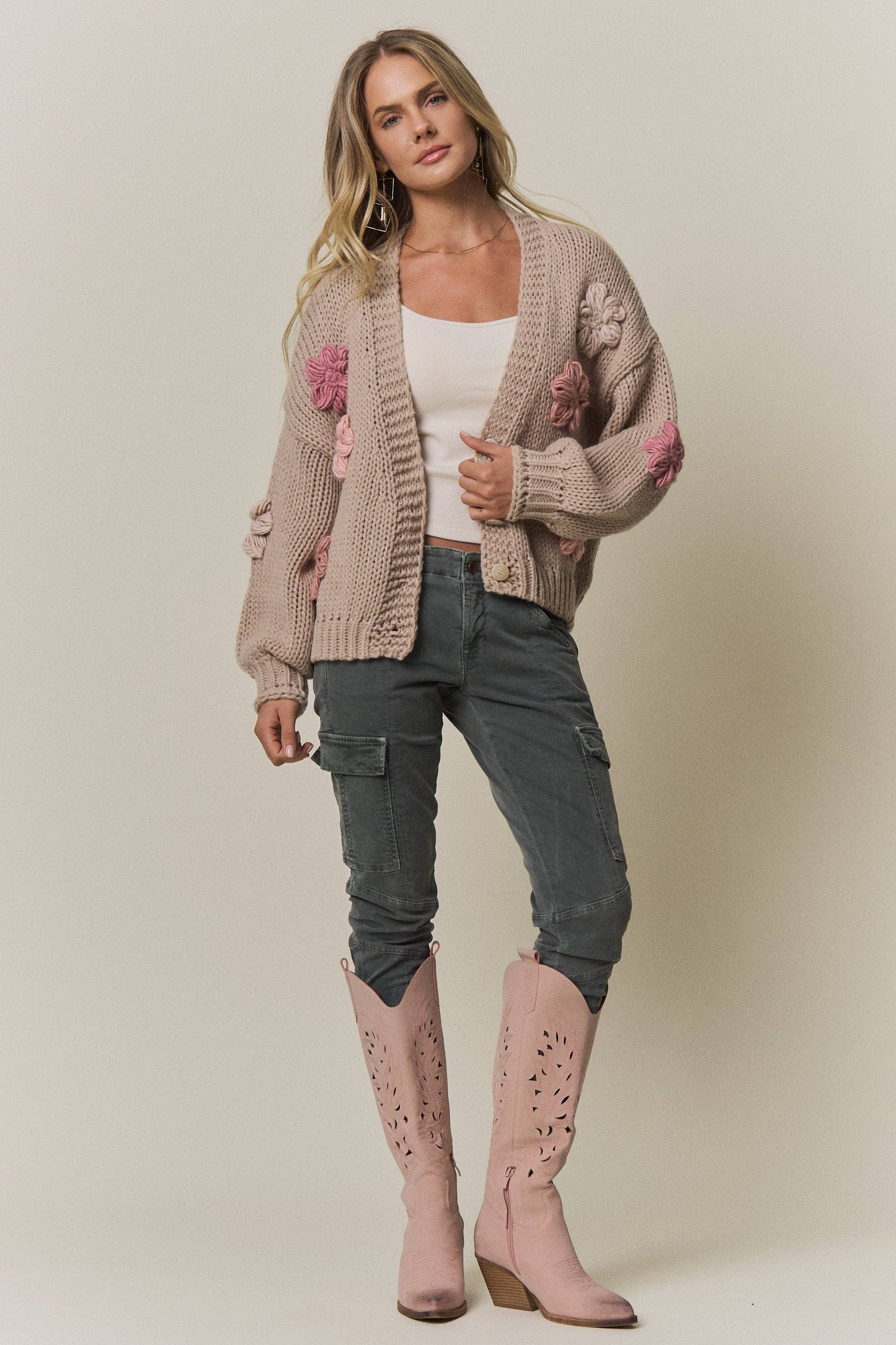 CHUNKY FLORAL CHIC KNIT CARDIGAN- CESW4370