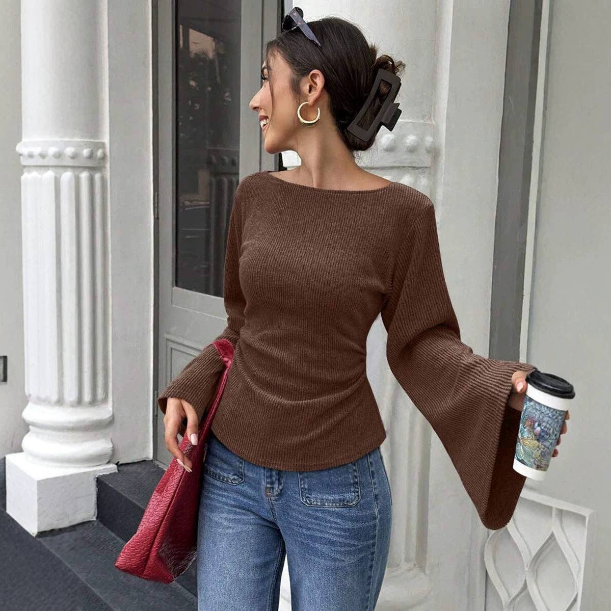 Slim Fit Bell Sleeve Ribbed Knit Top Casual Chic Women's Wear