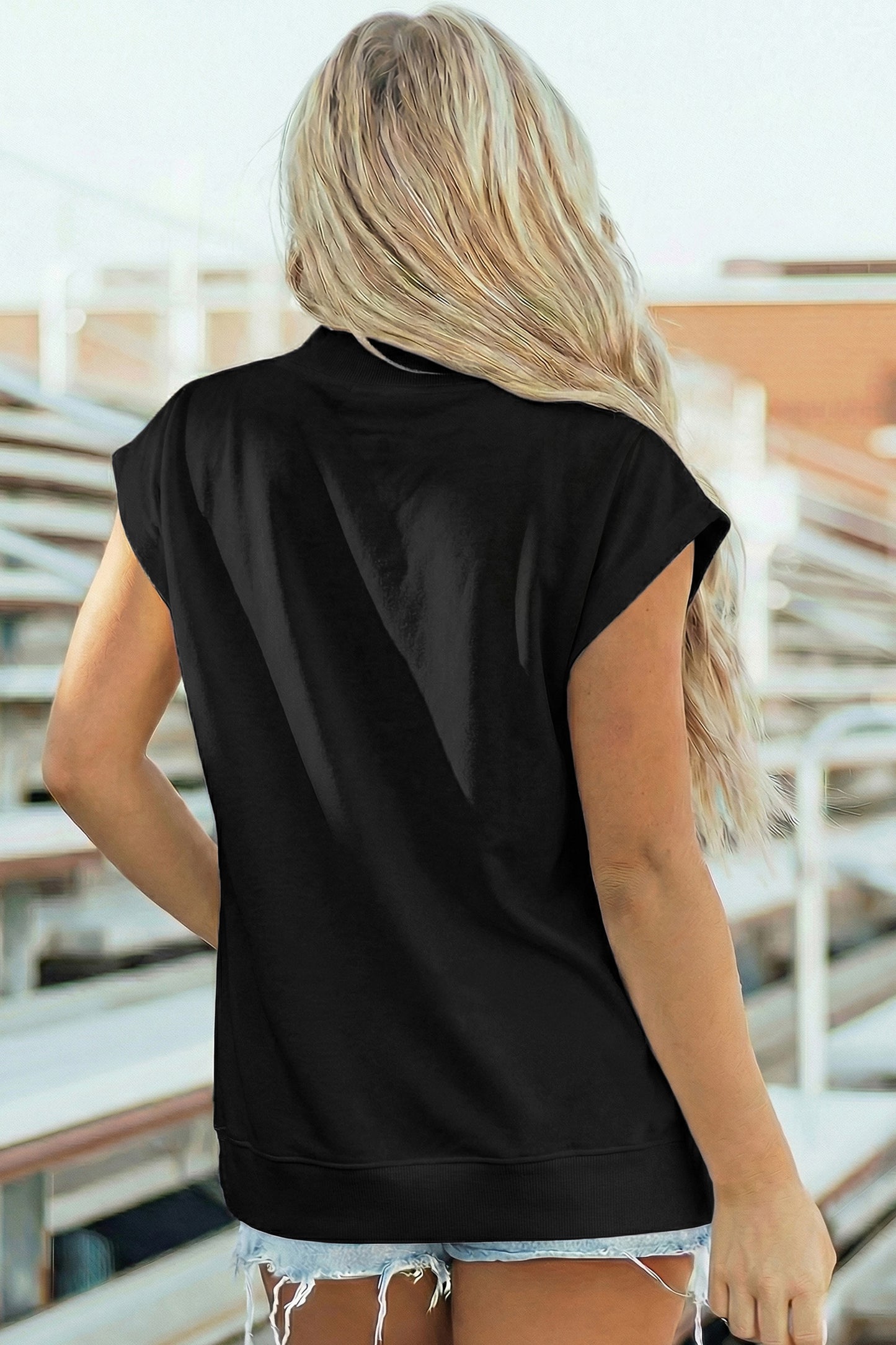 Phalaenopsis Solid Color High Neck Cap Sleeve Loose Top