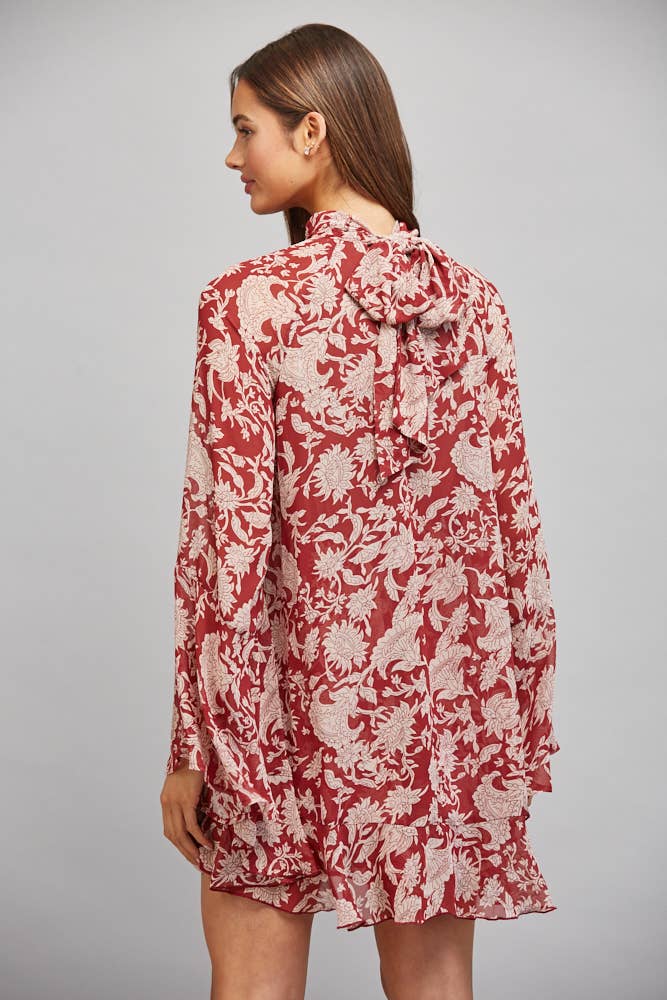 FLORAL PRINT WITH TIE BACK DETAIL RUFFLED PANEL FLOWY DRESS
