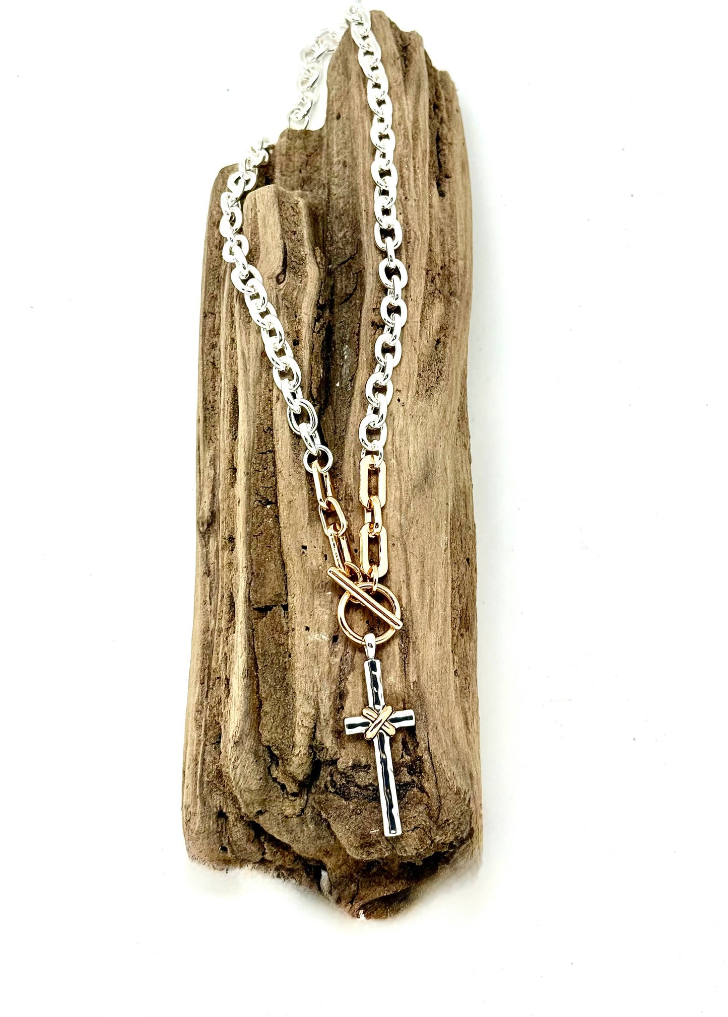 Necklace AlloyPlated Lg.Multi Metal Cross w/Gold Toggle 18”