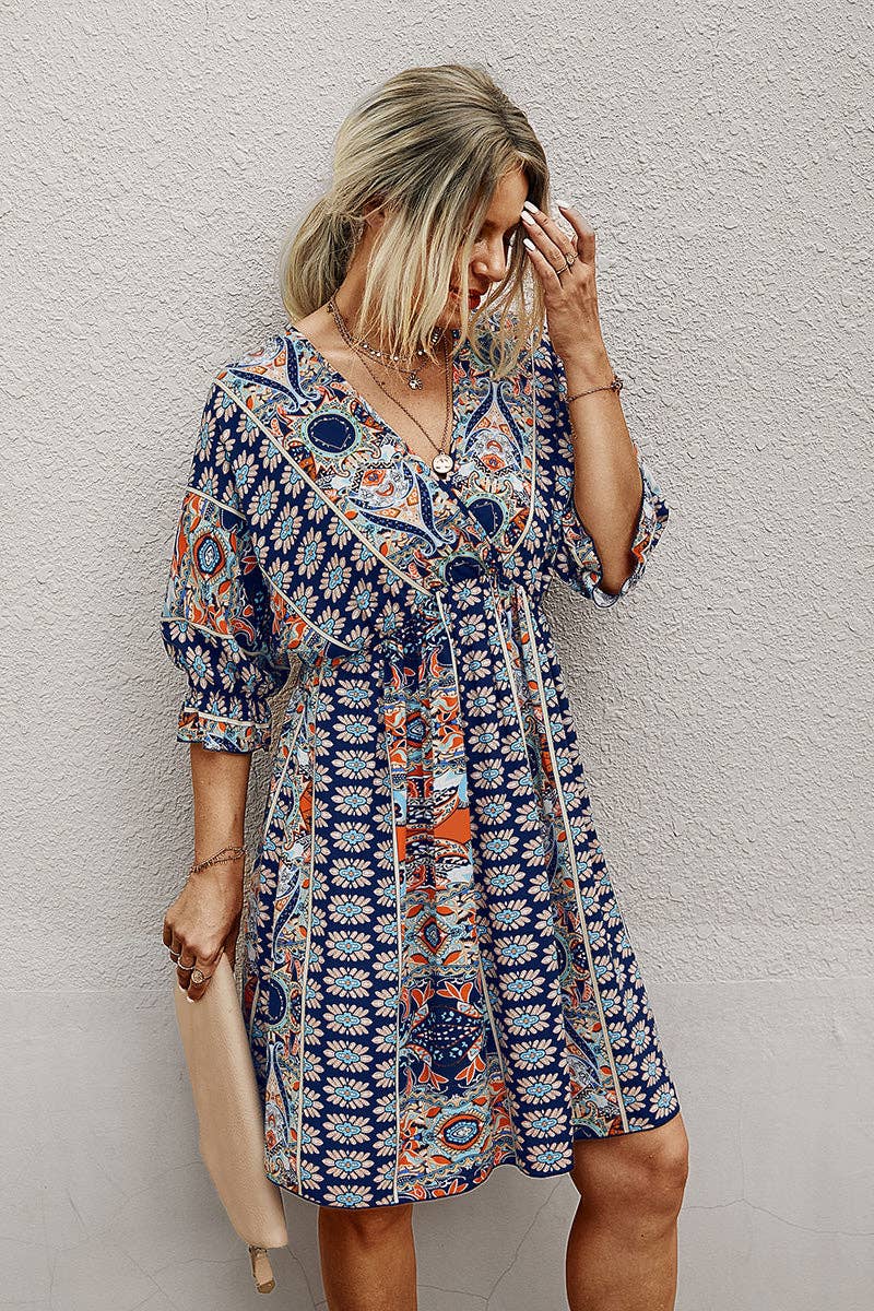 Boho Print Wrap Neck Tie Back Pleated Hem Dress