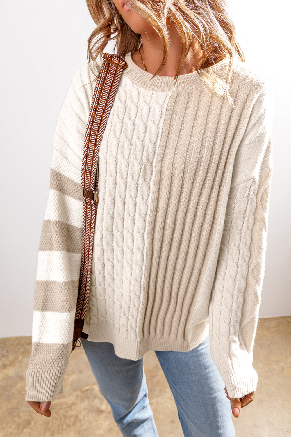 Khaki Cable Knit Colorblock Crew Neck Drop Shoulder Sweater