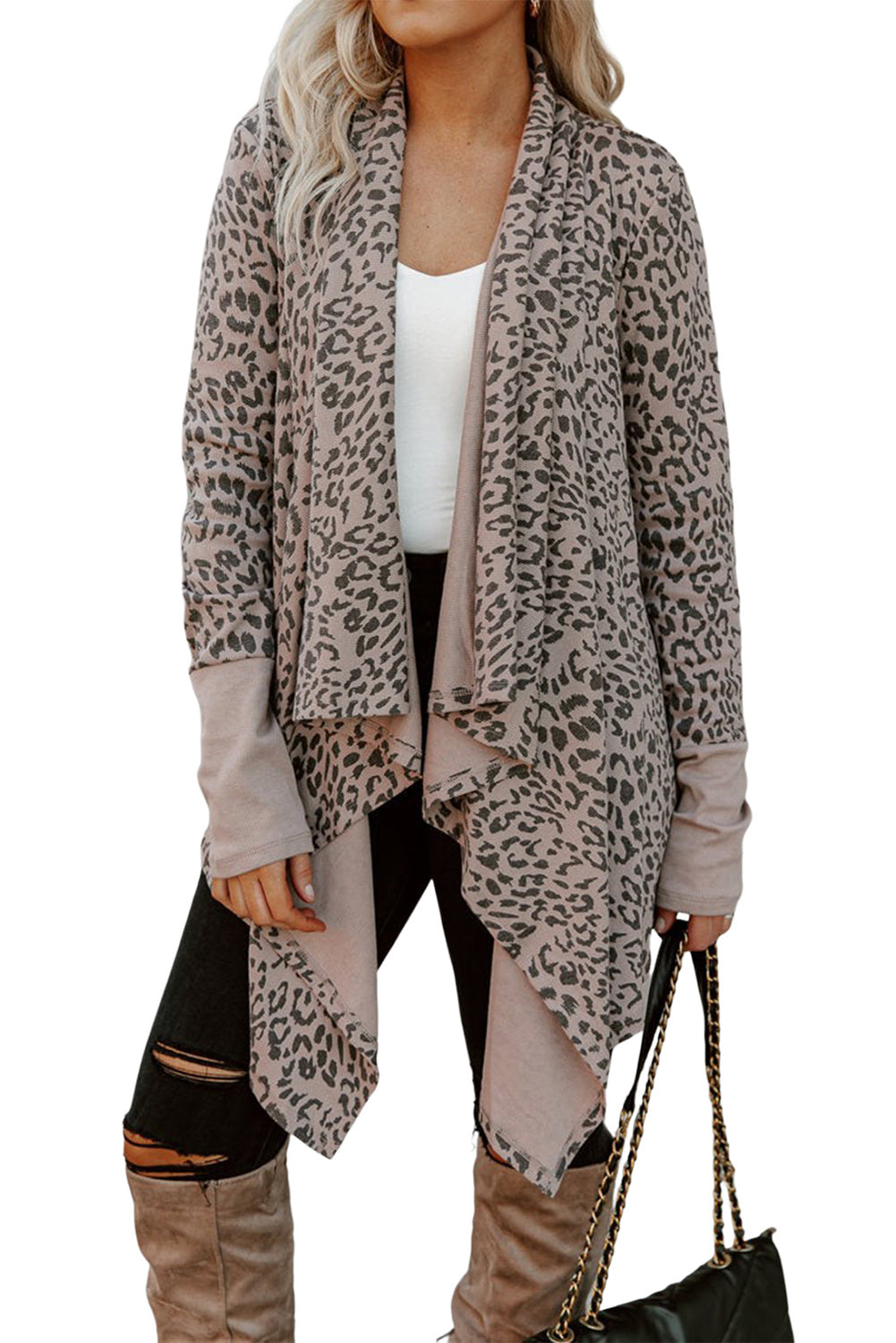 Long Cardigan Cheetah Print Cowl Neck Open Front