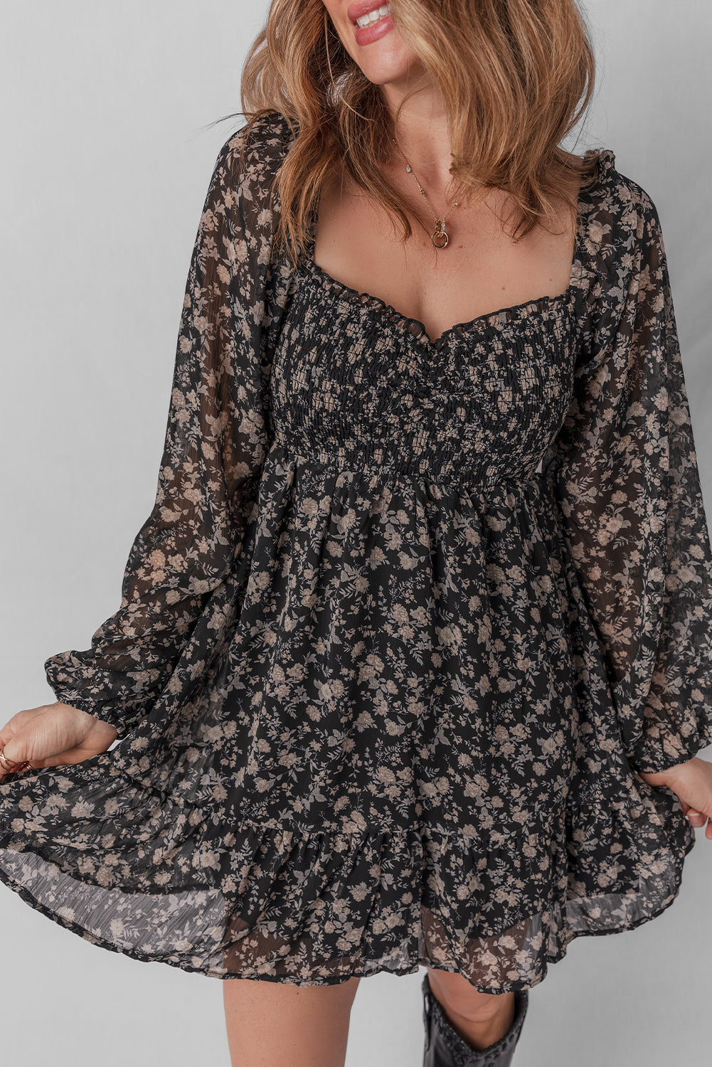 Black Floral Long Sleeve Frilly Shirred Square Neck Mini Dress