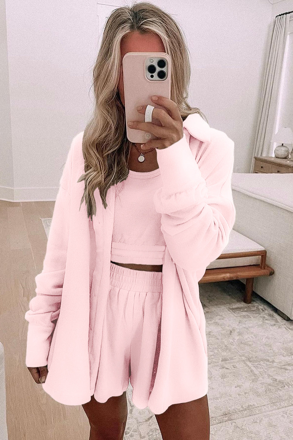 Gray Shirred Hem Crop Tank Top Loose Shorts Cardigan 3 Piece Pajama Set