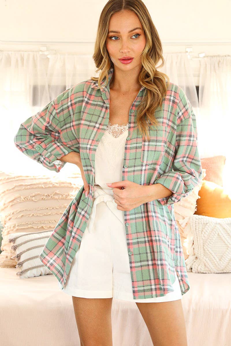 Collared Roll-Up Plaid Printed Oversized Shirt