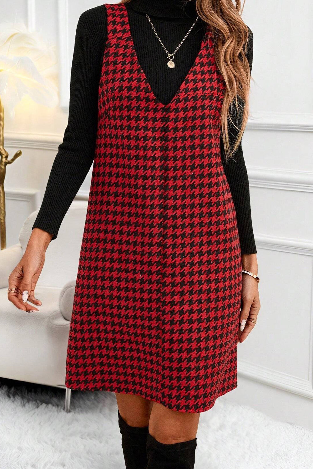 Khaki Houndstooth Print V Neck Sleeveless Mini Dress