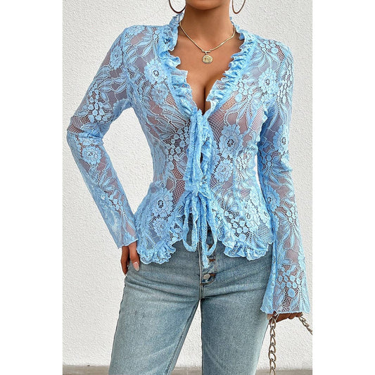 Hollow Out Lace Solid Knot Wrap Ruffle Hem Top