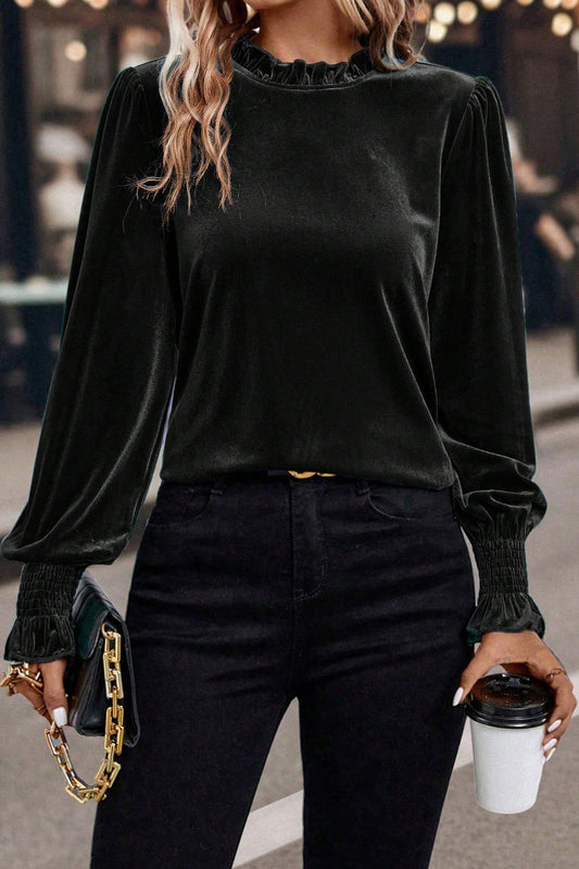 Frilled Collared Smocked Cuffs Puff Sleeve Velvet Blouse