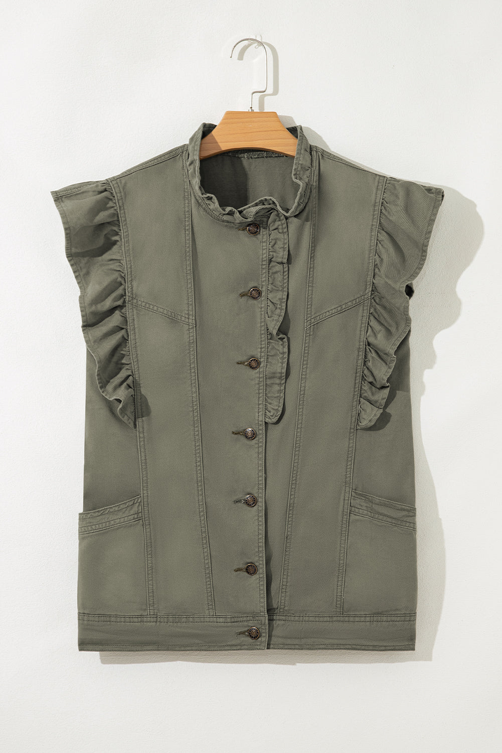Pale Khaki Ruffle Plain Denim Jacket Vest