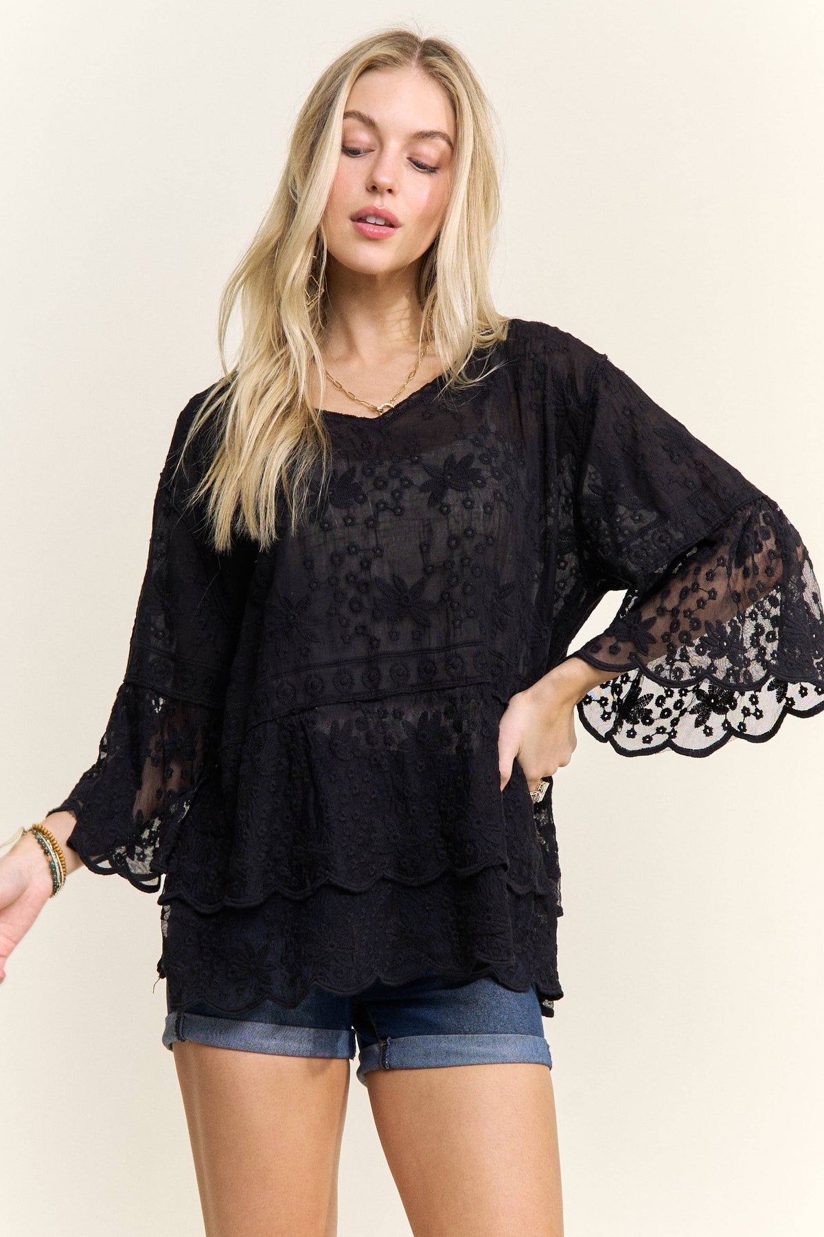 BELL SLEEVES LACE BLOUSE SCALLOP EDGE - CET3907