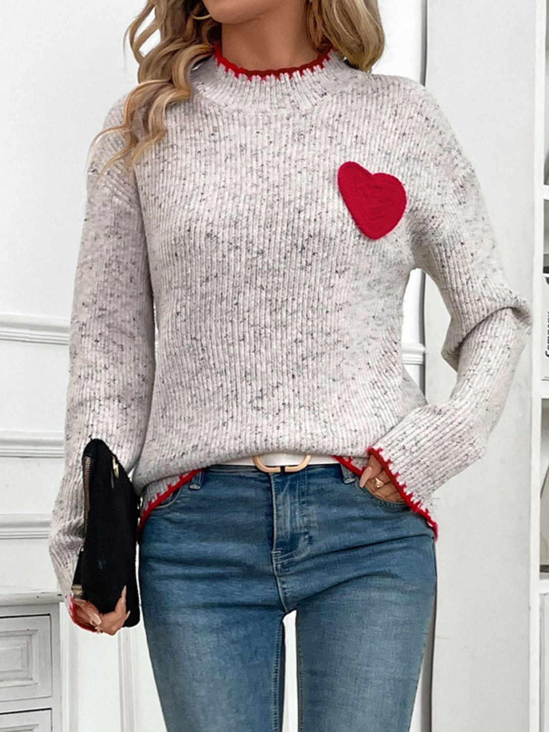 Light Gray Heart Round Neck Long Sleeve Sweater