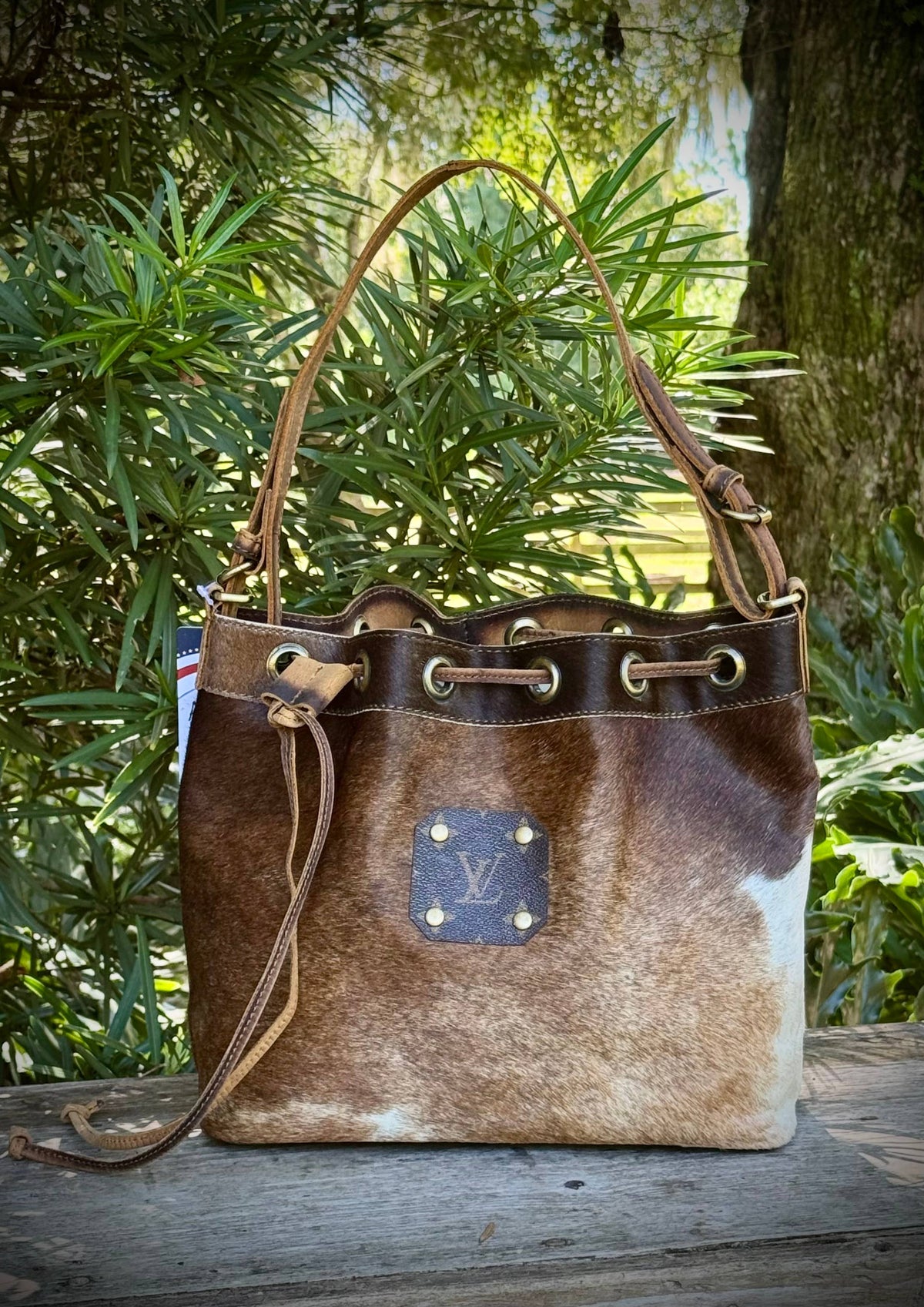 Upcycled LV Cowhide Leather Bucket Crossbody Shoulder Bag