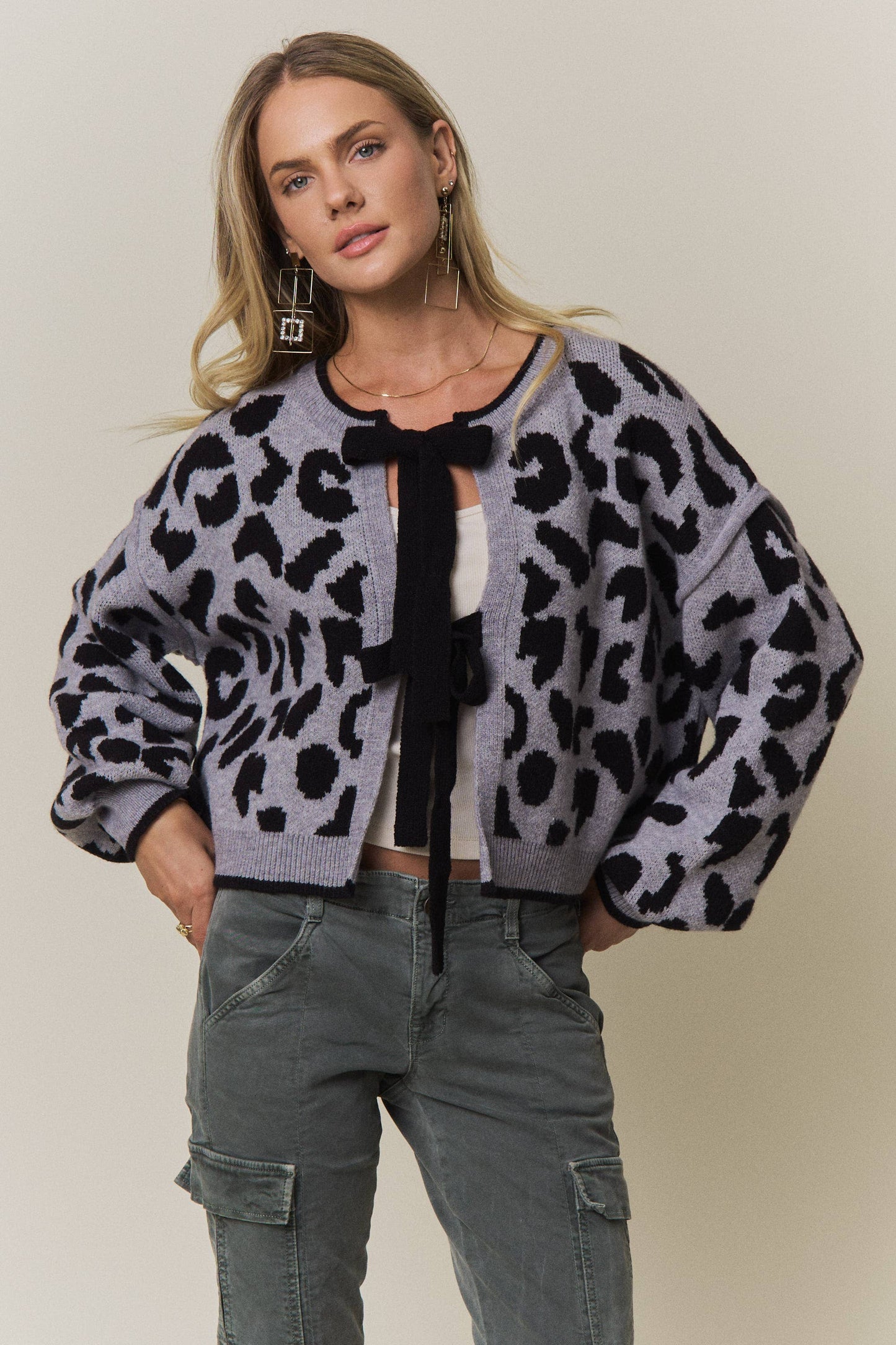 LEOPARD PRINT TIE-FRONT CARDIGAN - CESW4429