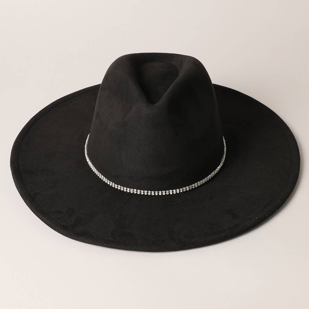 Rhinestone Wide Flat Brim Suede Fedora Hat