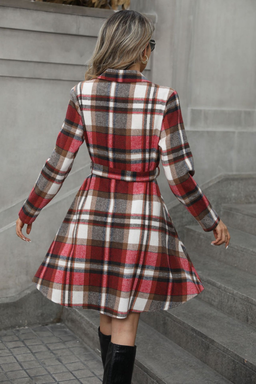 Tie Waist Long Sleeve Plaid Outerwear