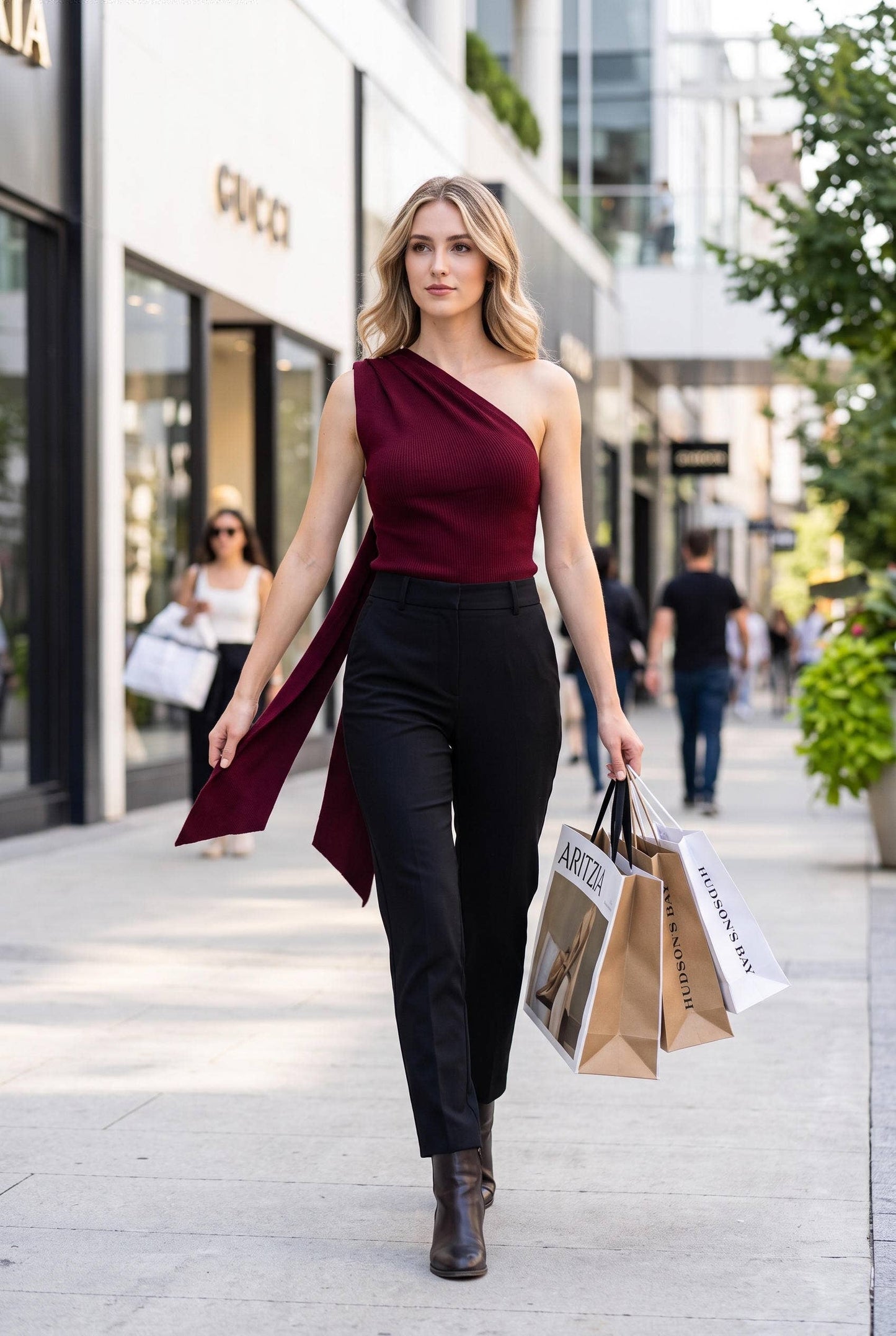Rib Knit One-Shoulder Sweater Top with Wood Buckle Detail