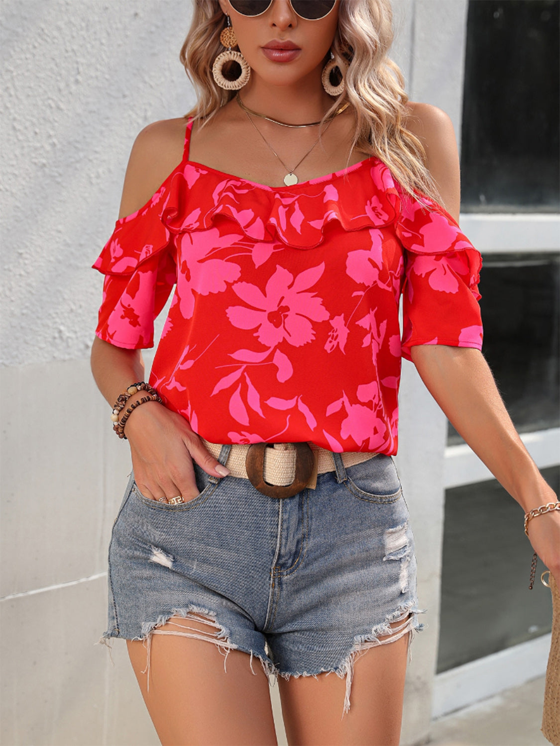 Printed Ruffled Short Sleeve Blouse