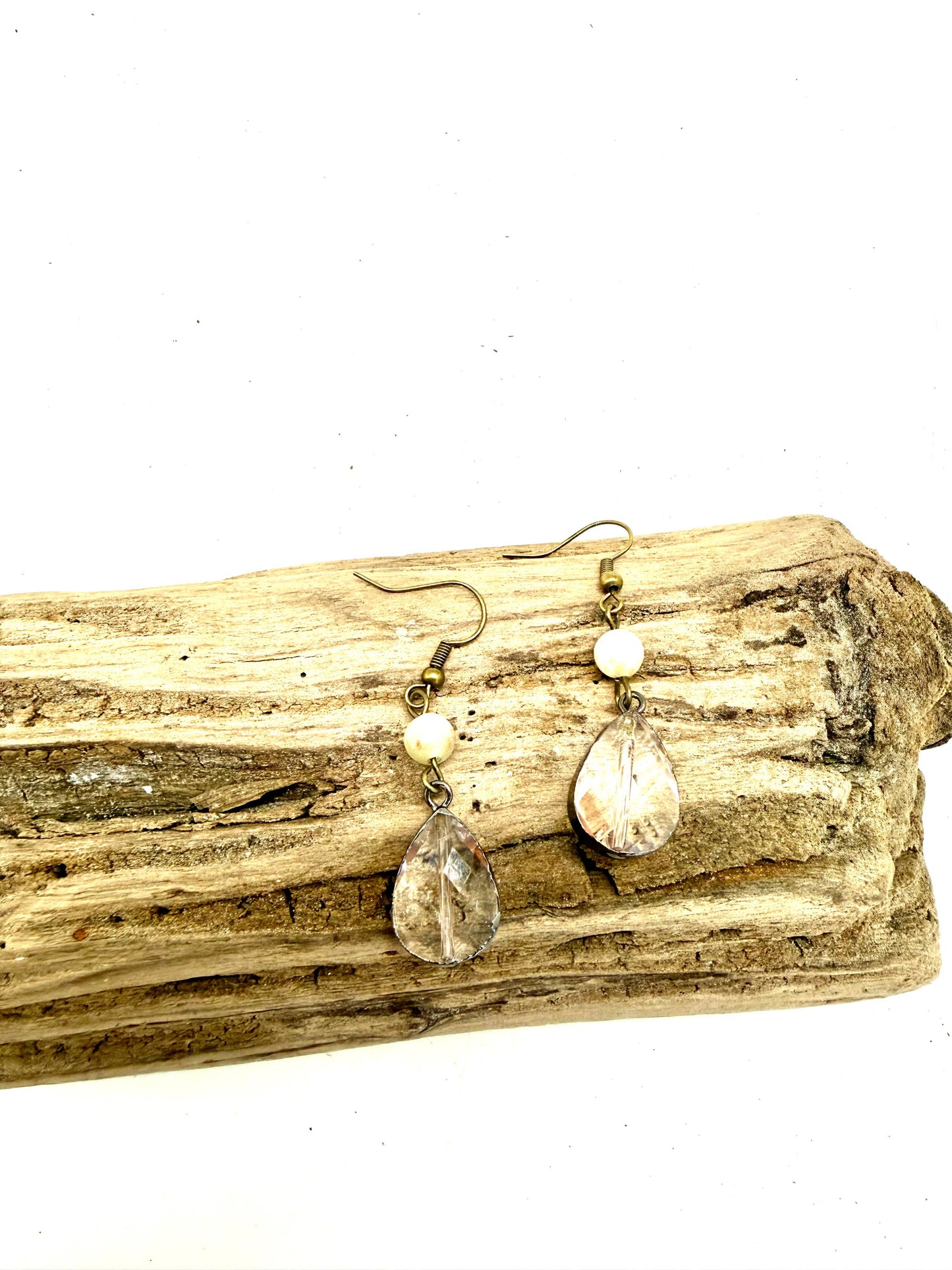 Earring Amazonite Bead w/Teardrop Beveled Glass Antique Gold