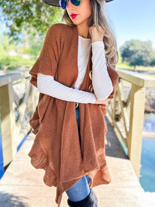 Soft Brown Ruffle Detail Open Front Lightweight Ruana Shawl