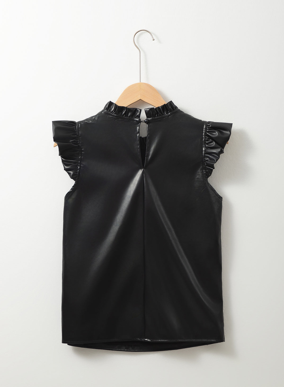 Solid Color Leather Frill Neck Ruffle Blouse