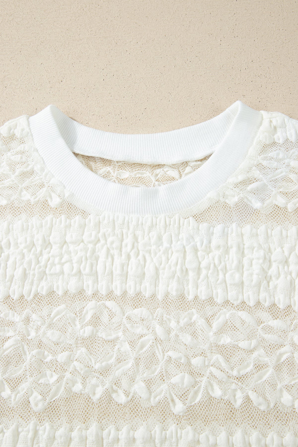 White Sheer Lace Textured Patchwork Short Sleeve Top