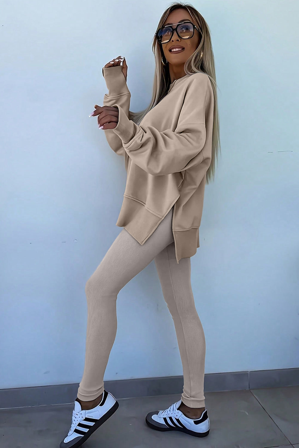 Orchid Mist Solid Color Oversized Slit Sweatshirt Ribbed Leggings Set