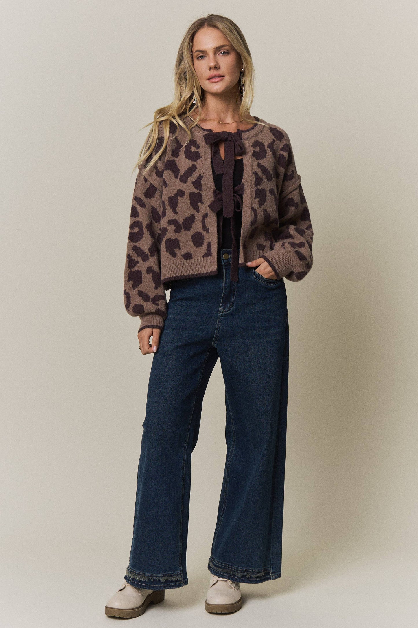 LEOPARD PRINT TIE-FRONT CARDIGAN - CESW4429
