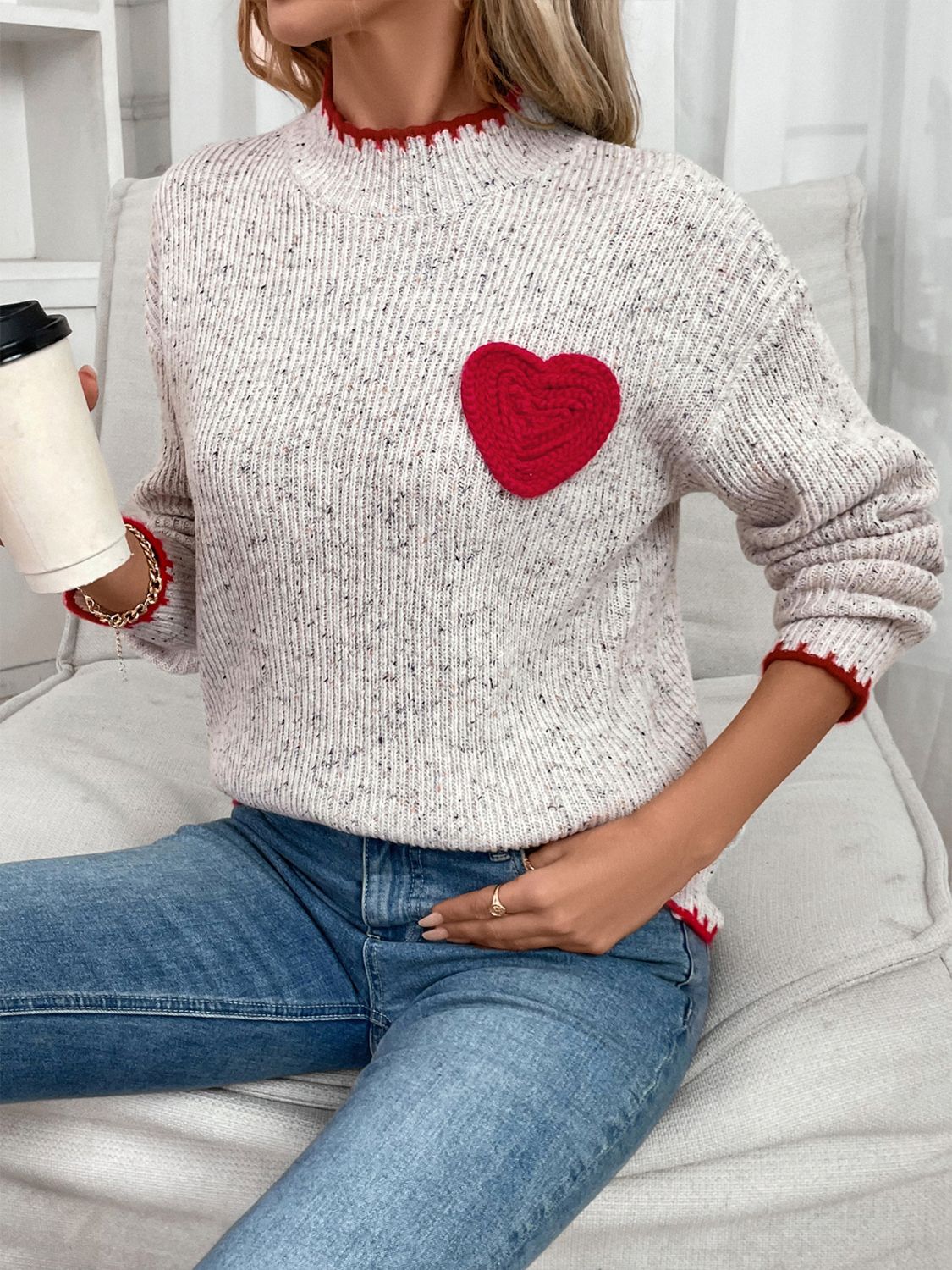 Light Gray Heart Round Neck Long Sleeve Sweater