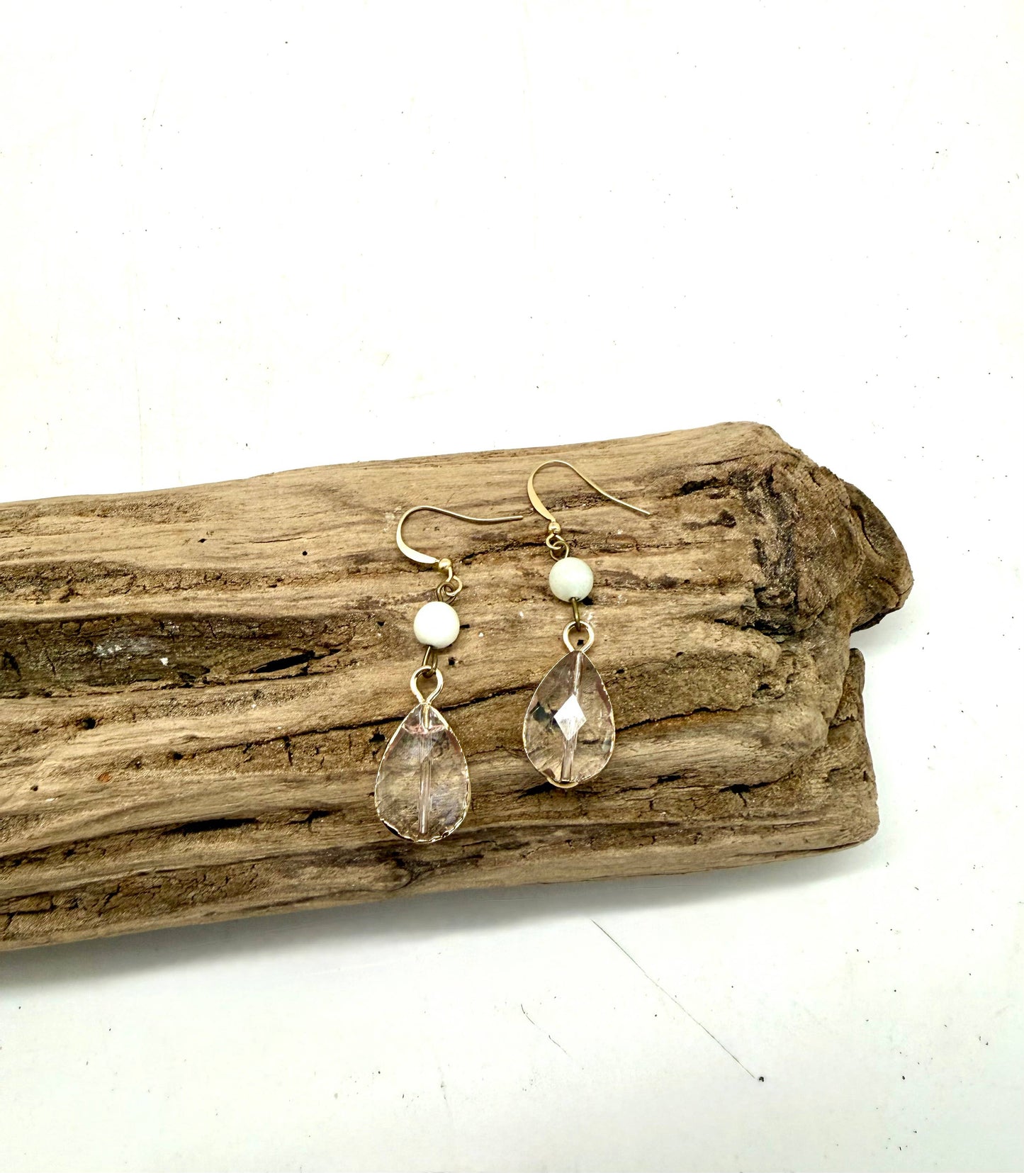 Earring Amazonite Bead with Teardrop Beveled Glass Gold