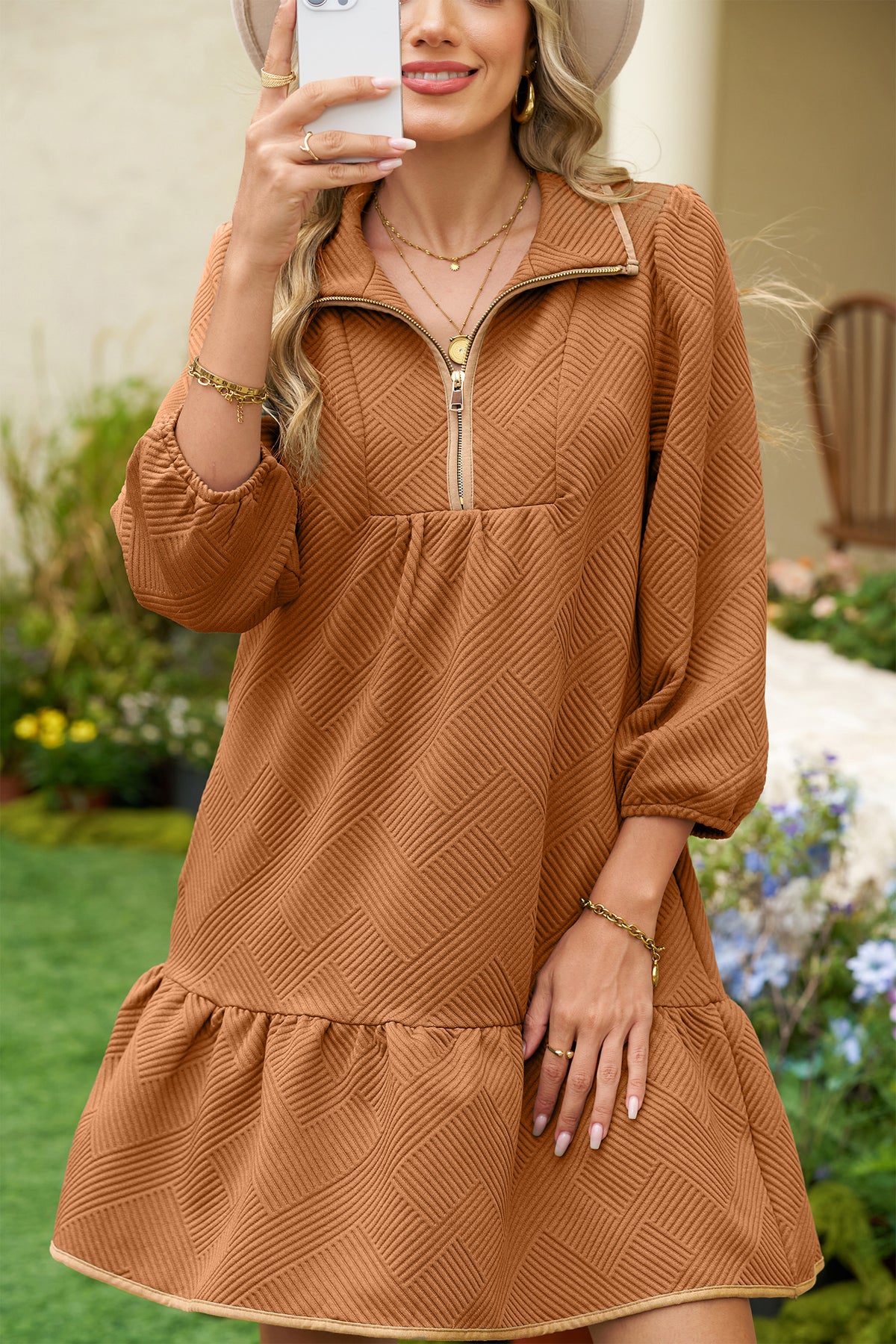 Jungle Green  Quarter Zip Collar Bracelet Sleeve Textured Mini Dress