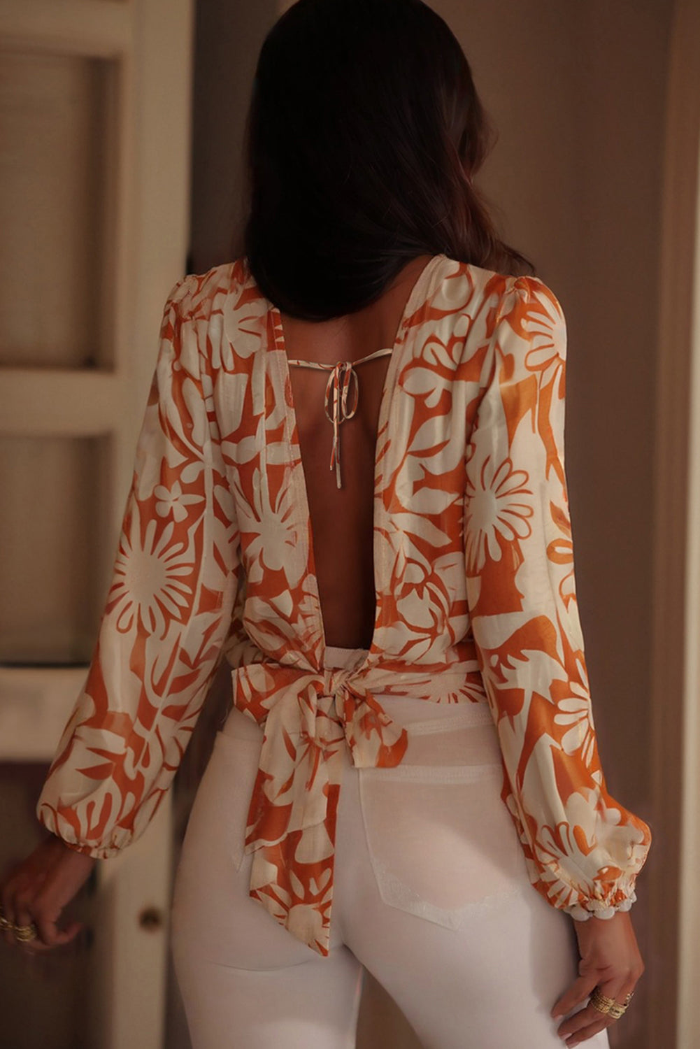 Orange Floral Print Knotted Backless Long Sleeve Blouse