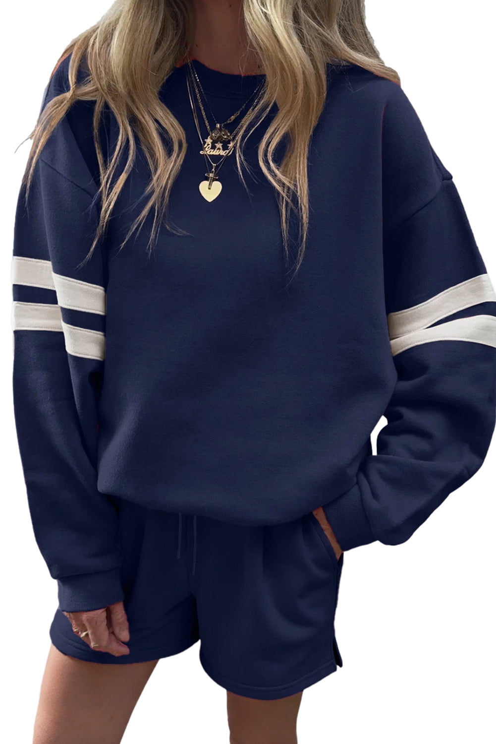 Navy Blue Varsity Striped Sleeve Drop Shoulder Sweatshirt and Shorts Set