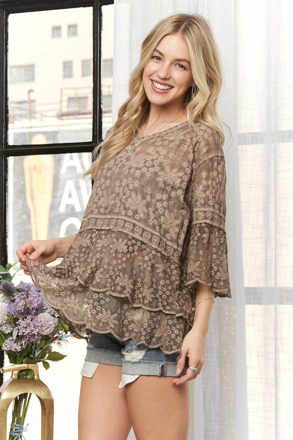 BELL SLEEVES LACE BLOUSE SCALLOP EDGE - CET3907