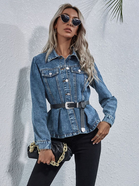 Collared Neck Long Sleeve Denim Top