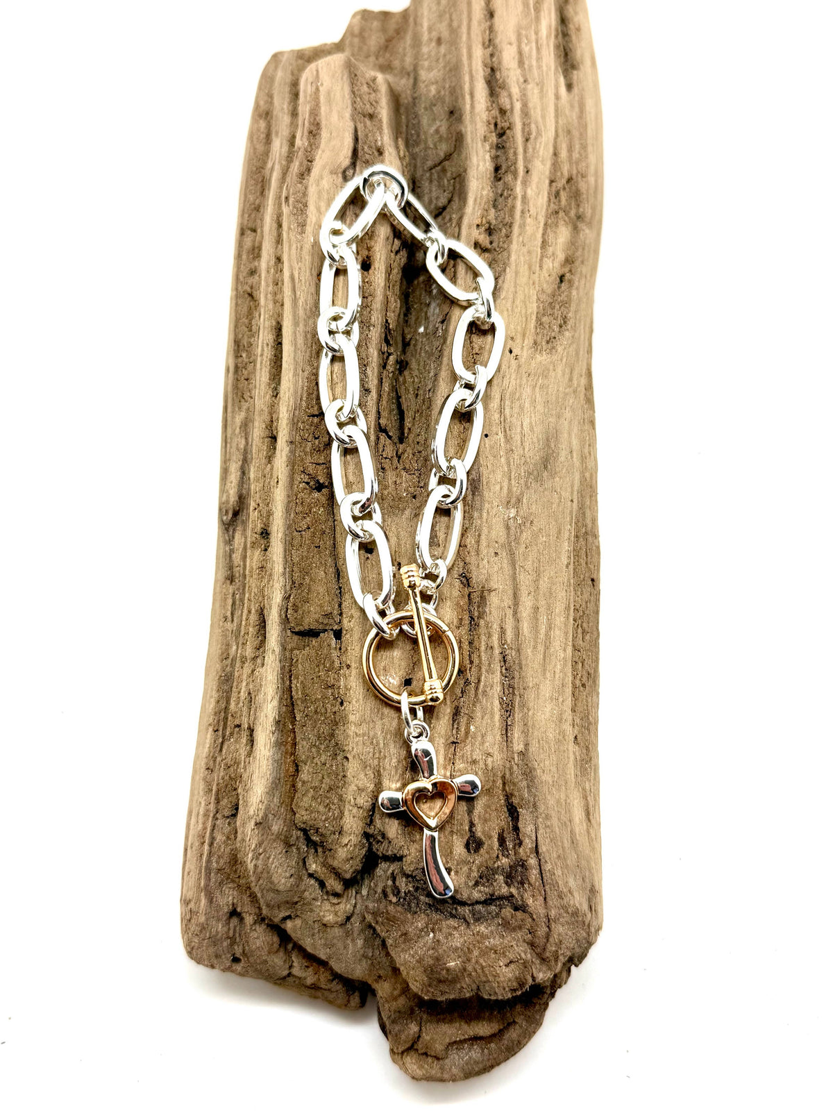 Bracelet Alloy Plated  Sil. Chain w/Multi Metal Cross/Toggle