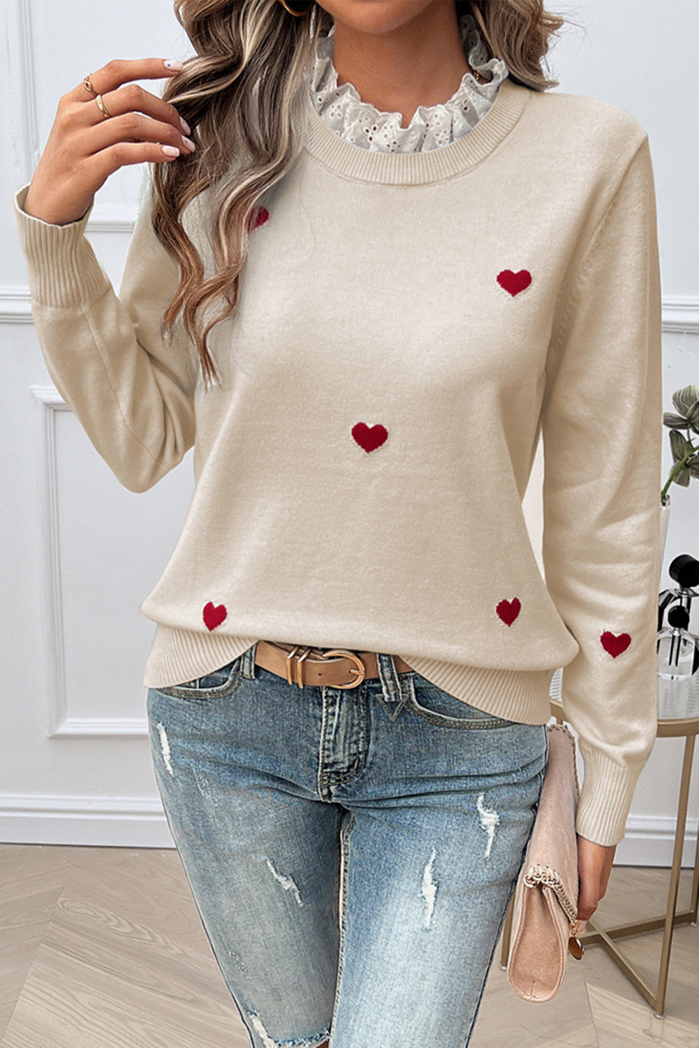 Embroidered Heart Shaped Long Sleeved Sweater