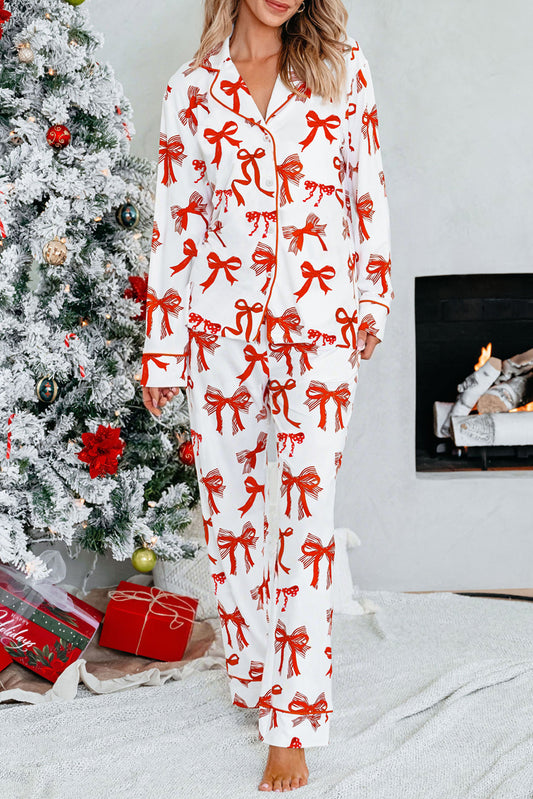 Red Christmas Bow Print Long Sleeve 2pcs Pajama Set