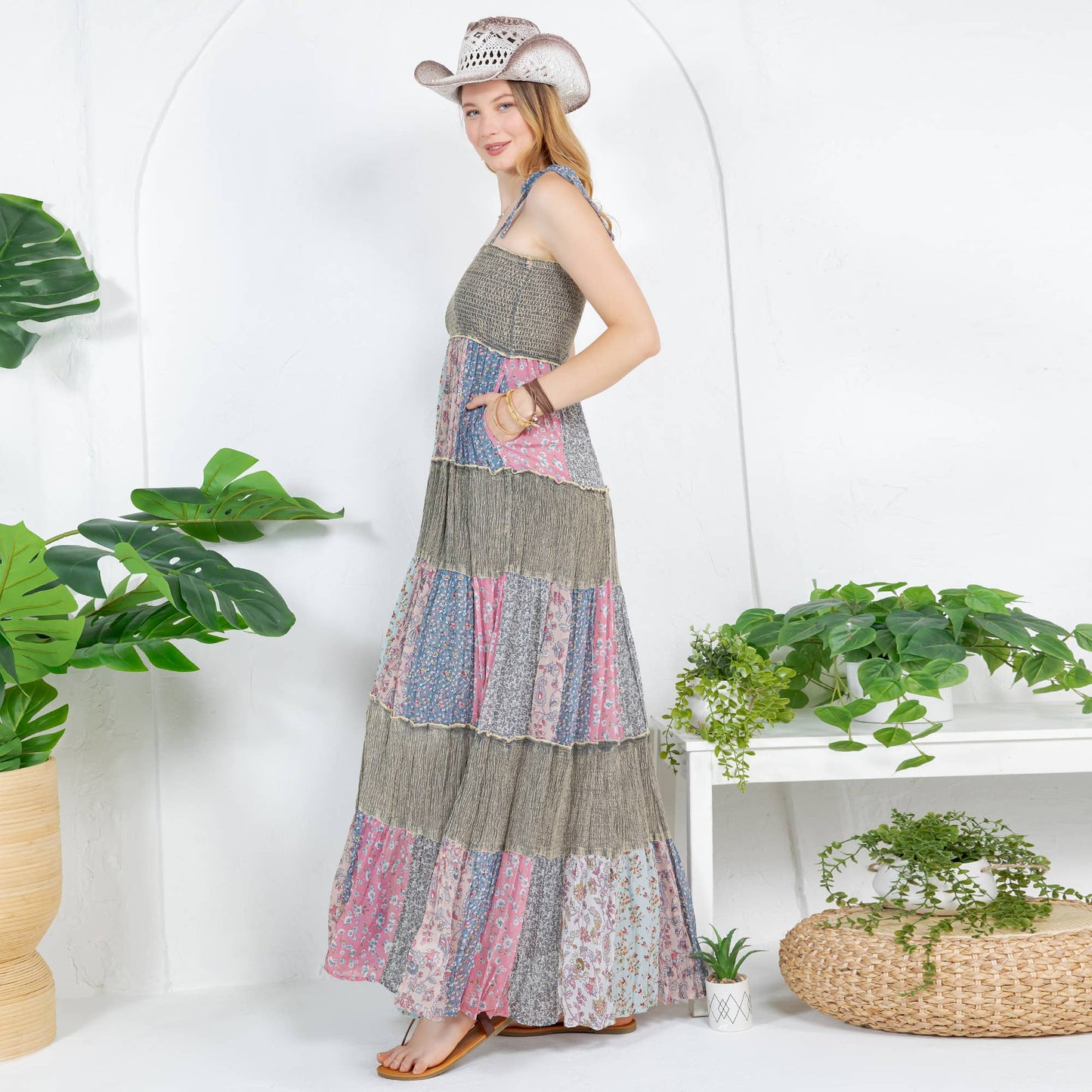 Artisan Pearl Maxi Dress Smocked Bodice Aari Embroidery