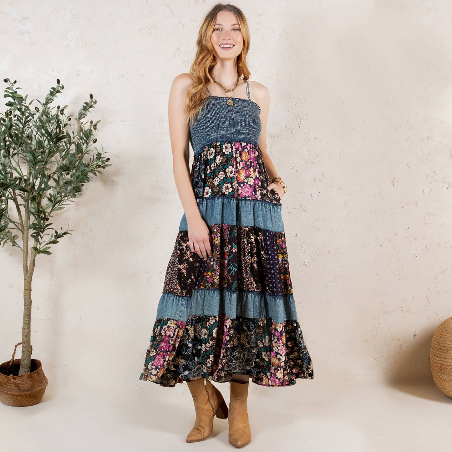 Artisan Pearl Maxi Dress Smocked Bodice Aari Embroidery